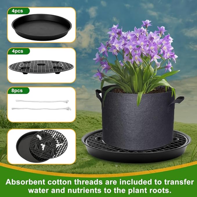 4 Pack Plant Saucer 14 inch, Self Watering Fabric Pot Base, Auto Pots Fit for 5 Gallon Grow Bags, Plant Saucers Flower Pot Tray , Auto Watering Plant Saucer for Fabric Planters 3 Year Warranty