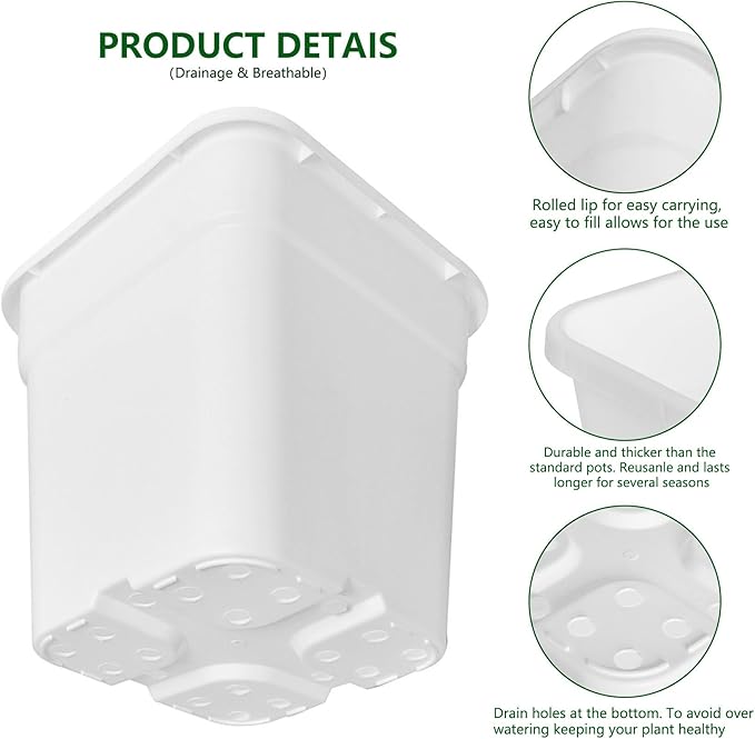 5-Pack 9.77 Gallon Square Planter Nursery Pots, Flower Plant Container Injection Molded Plastic Nursery Pot Gardening Pots for Indoor Outdoor Vegetables, Succulents, White