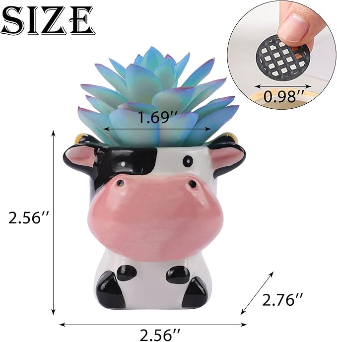 VanEnjoy Ceramic Cute Animal Flower Pot 3 Inch Small Cow Print Planter for Cactus Succulents Unique Cartoon Shaped Mini Plant Holder with Drainage Hole Mesh