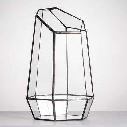 NCYP Geometric Glass Terrarium Planter for Succulent, Small Cacti, Black Irregular Opened Container Pot, Indoor Home Garden Office Tabletop Decor, 6.5" x 5.7" x 9.8" (No Plants, No Door)