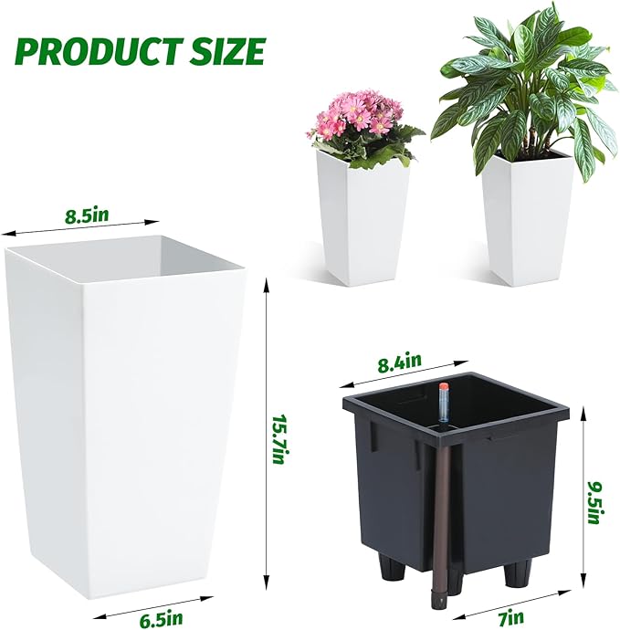 Garvee 16" Tall Planters Set of 2, Outdoor＆Indoor Black Planter Pots, High Front Porch Planter Pots with Drainage Holes＆Water Level Monitor＆Inner Bucket,White