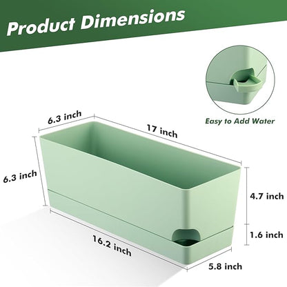 2 Pack Self Watering Pots for Indoor Plants 17 Inches Window Boxes Planters Rectangular Flower Pots Rectangle Herb Pots Large Plant Pots with Drainage Holes and Saucers Windowsill Planter, Green