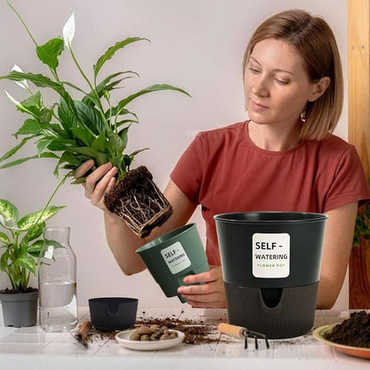 5/6.5/7.5 Inch Self Watering Pots for Indoor/Outdoor ,4 Pack plastic Planters for Indoor Plants with Drainage Holes and Saucers, Modern Decorative Flower Pot for Plants (Grey, 7.5-Inch, 4-Pack)