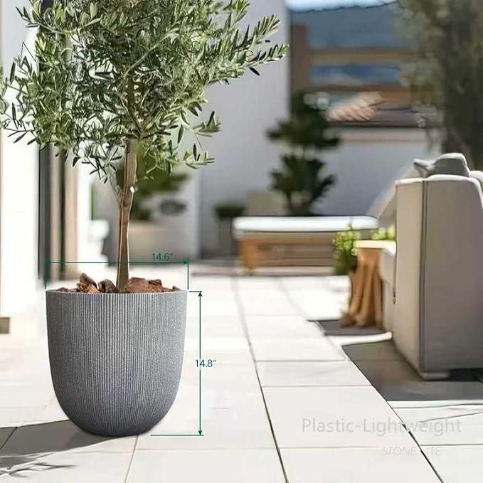 14.8" Tall Round Tapered Planter - Gray Faux Cement Finish, Lightweight Durable Plastic Plant Pot with Drainage Hole & Plug, Weather & UV Resistant Pot for Plants Indoor/Outdoor Use, 12.5" Opening