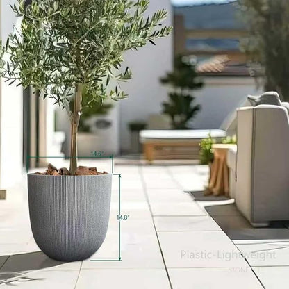 14.8" Tall Round Tapered Planter - Gray Faux Cement Finish, Lightweight Durable Plastic Plant Pot with Drainage Hole & Plug, Weather & UV Resistant Pot for Plants Indoor/Outdoor Use, 12.5" Opening