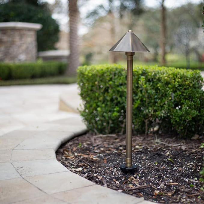 VOLT Parasol 12V Brass Path Light (25" Tall, 7" Shade) with 3W 2700K Warm White G4 LED Bulb for Low Voltage Landscape Lighting on Outdoor Pathway, Walkway, Garden, Driveway or Patio