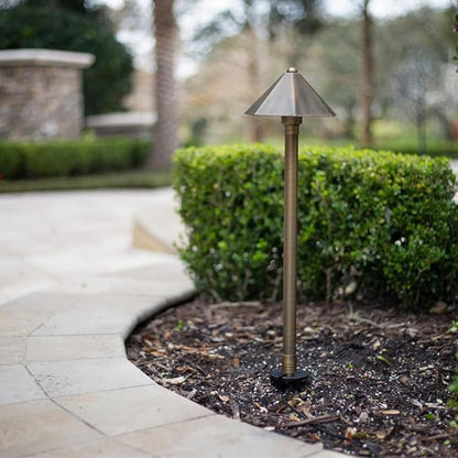 VOLT Parasol 12V Brass Path Light (25" Tall, 7" Shade) with 3W 2700K Warm White G4 LED Bulb for Low Voltage Landscape Lighting on Outdoor Pathway, Walkway, Garden, Driveway or Patio