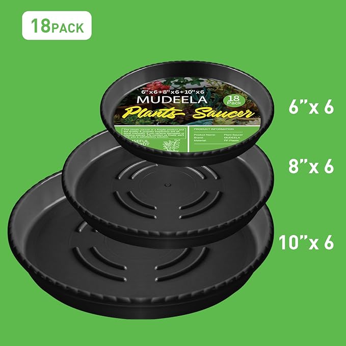 MUDEELA 18 Pack Plant Saucers for Indoor & Outdoor of 6 Inch & 8 Inch & 10 Inch, Durable Plastic Round Plant Tray Dish Plate to Catch Water for Plant & Flower Pot, No Hole, Thicker, Deeper, Black
