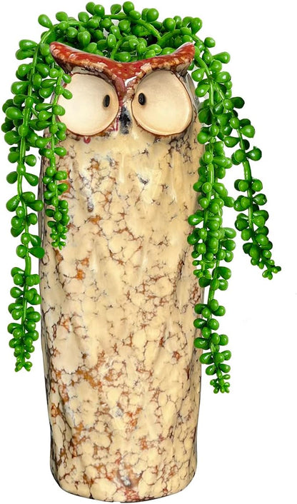GeLive 9 Inch Owl Ceramic Vase, Farmhouse Flower Vase, Retro Owl Planter, String Pearl Succulent Pot for Bud Cutting Hydroponic Plant, Indoor Outdoor Home Decor, Cute Owl Fun Animal Cartoon Gift