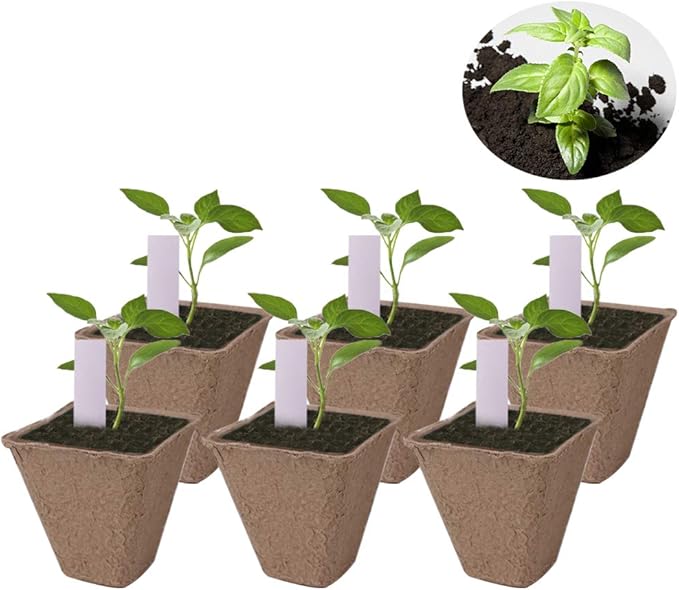 100 Pack 3.15" Square Biodegradable Peat Pots Plant Seedling Saplings & Herb Seed Starters Kit with 100 Pcs White Plastic Plant Labels