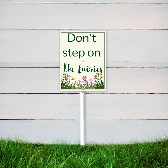 Garden Sign With Stake Don't Step On The Fairies Aluminium Sign 7X8.8Inch Wildflower Sign Retro Yard Metal Signs Lawn Grass Outdoor Aluminium Wall Decor And 12.8" Stake Kit