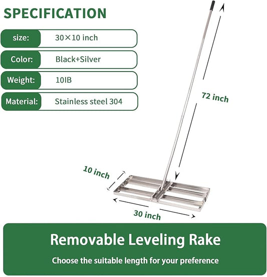 Lawn Leveling Rake - 30'' x 10'' Stainless Steel Lawn Leveler, Heavy Duty Ground Plate Rake for Yard, with Adjustable 72'' Long Handle, Effort Saving Lawn Level Tool for Farm, Garden, Golf Lawn
