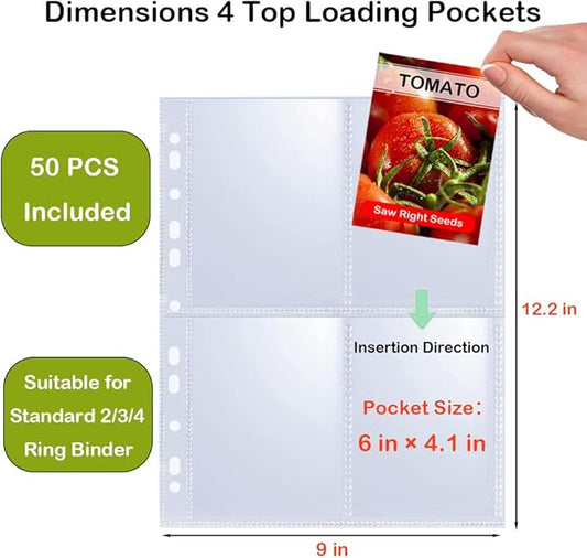 200 Pockets Seed Storage Organizer Sleeves for 3/4 Ring Binder, 50 Pack Clear Garden Seed Packet Organizer(A4), Large Top Loading Seed Holder Book Sheet Protectors, Seed Saving Sleeves