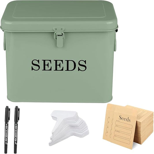 3 Dividers Seed Storage Box, Metal Seed Box Seed Storage Organizer with Safety Lock, Portable Garden Seed Bin, Professional All-in-one Kit, Green