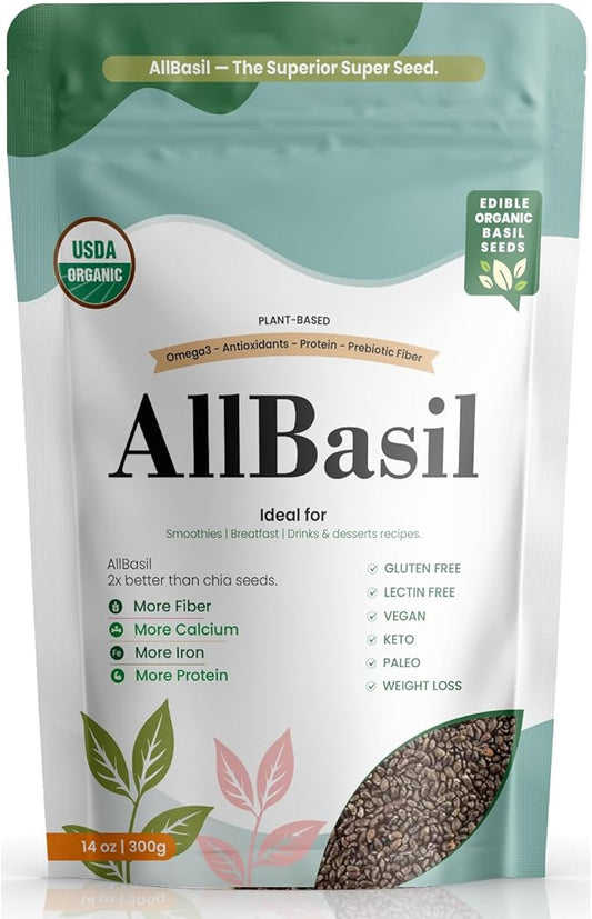Edible All Basil Seeds 14oz | USDA Organic, Non-GMO, Kosher | High Fiber Superfood | Gluten Free, Vegan, Keto, Paleo | Prebiotic | Support Weigth Loss | Ideal for Smoothies, Green juices & Desserts.