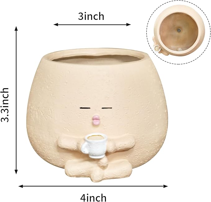 Smily Face Planter Pot with Coffee Cup Cute Resin Flower Head Planters for Indoor Outdoor Unique Sit Succulent Pots with Drainage Hole Gift IdeaI for Mother Christmas (Khaki)