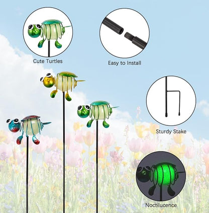 Stargarden Decorative Garden Stakes, 3 Pack Turtle Luminous Metal Stakes, Waterproof Yard Ornament for Lawn, Porch Garden Decor