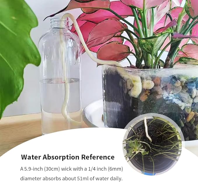 49.2 feet 1/4 Inch Natural White Self Watering Wick Cord Automatic Watering Cotton Rope System Hydroponic Wicking for Vacation Plant Care Capillary Wicks for Self Watering Planters and Pot