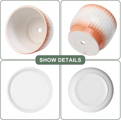 6.7 + 5.5 Inch Ceramic Plant Pots,Planters with Drainage and Saucer,Indoor Pots for Plants,Modern Flower Pots for Home and Office（Orange + White）