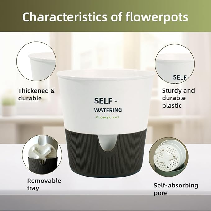 Flower and Plant Pot, Self Watering Plastic Plants Planter with Drainage Holes and Saucers, Modern Outdoor Indoor Decorative Flower Pot for Plants, Flowers, Herbs, Succulents (White, 7.5 inch)