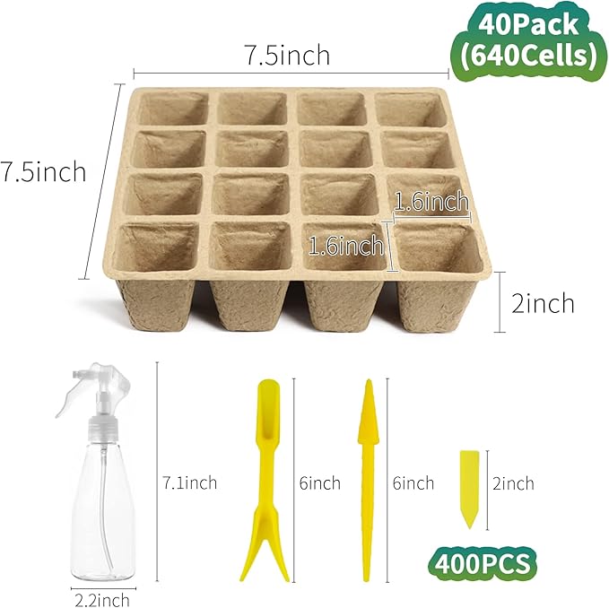 TCBWFY 640Cells Seedling Start Trays,40 Pack Peat Pots Seedling Pots Biodegradable,Seedling Starter Kit,Organic Germination Plant Starter Trays