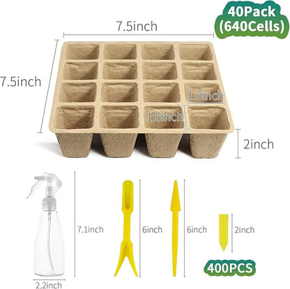 TCBWFY 640Cells Seedling Start Trays,40 Pack Peat Pots Seedling Pots Biodegradable,Seedling Starter Kit,Organic Germination Plant Starter Trays