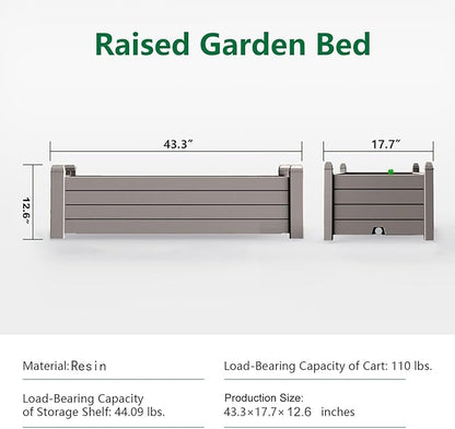 Raised Garden Bed, 21 Gallon Self-Watering Outdoor Raised Planter Box with Drainage Plug and Gauge for Vegetables, Flowers and Herbs, Durable Rustproof Resin for Backyard Patio Porch (Grey)