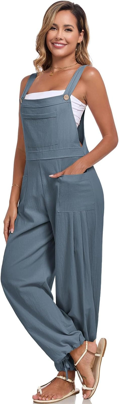 ALSOGO Womens Wide Leg Overalls Loose Beach Vacation Outfits Jumpsuits 2025 Causal Sleeveless Rompers with Pockets