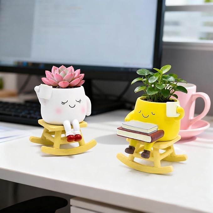 Smily Face Rocking Chair Planter - Cute Resin Book Coffee Succulents Plant Pots with Drainage Hole for Indoor Outdoor Garden, Gift IdeaI for Mother Appreciation Christmas (White and Yellow)