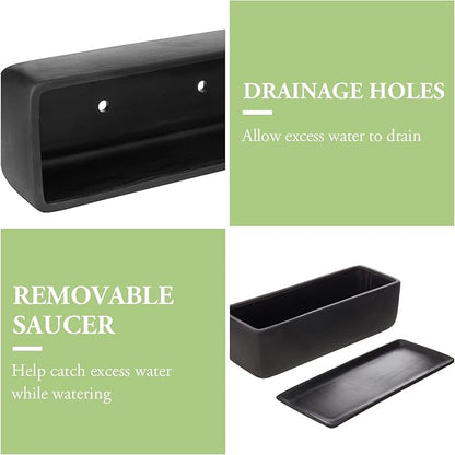 MyGift 14 Inch Ceramic Indoor Plant Pot, Rectangular Succulent Planter, Decorative Flower Planter with Drainage Hole and Removable Tray, Matte Black
