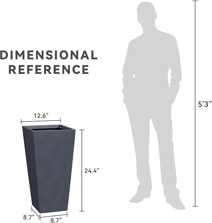Kante 24.4" H Concrete Tall Tapered Planter, Large Outdoor Indoor Garden Plant Pot with Drainage Hole and Rubber Plug Home and Patio, Dark Gray