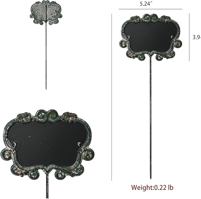 Set of 3 Vintage Green Metal Garden Markers with Chalkboard - Rustic Plant Labels for Indoor/Outdoor Flower Beds, Vegetable Gardens