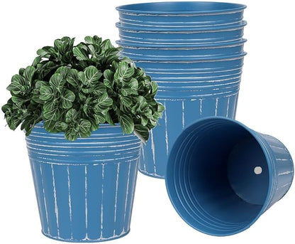 vensovo 5 Inch Blue Metal Rustic Flower Pots - 6Pcs Medium Galvanized Planters with Drainage Hole and Rubber Plug, Rustproof Metal Bucket Plant Pots Farmhouse Vintage Style for Decor