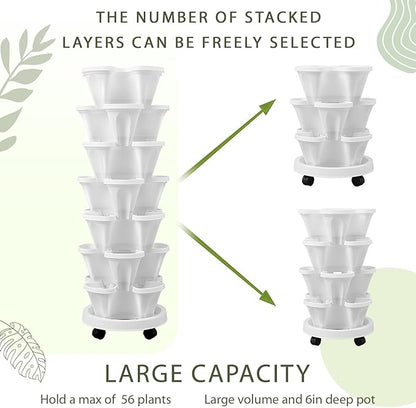 Umigy 2 Set of 7 Tier Vertical Planter Stackable Tower Planters Strawberry Herb Flower and Vegetable Pots Indoor Outdoor Gardening Pots with Removable Wheels and Tools(White,Classic)