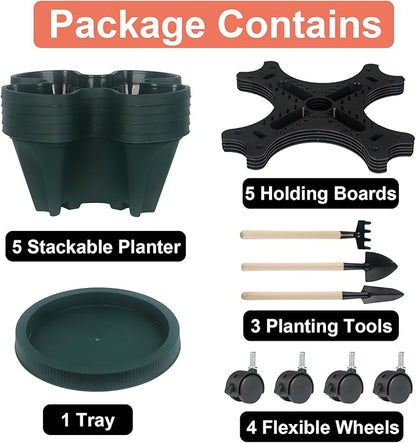 GameXcel Vertical Planter 5 Tier Stackable Planters Garden Planters Strawberry Herb Flower and Vegetable Planter Indoor Outdoor Gardening Pots with Removable Wheels and Tools