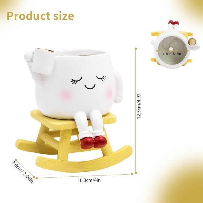 Smily Face Rocking Chair Planter -Cute Resin Book Coffee Succulents Plant Pots with Drainage Hole for Indoor Outdoor Garden, Gift IdeaI for Mother Appreciation Christmas (White)