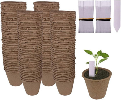200 Pack 3.15" Round Biodegradable Peat Pots Plant Seedling Saplings & Herb Seed Starters Kit with 200 Pcs White Plastic Plant Labels