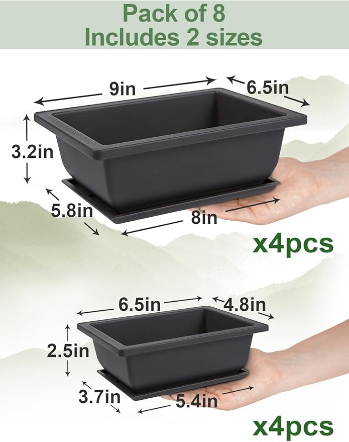 PAMASE 8 Packs Bonsai Training Pot with Humidity Tray - 6.5in & 9in Training Nursery Pots Kit, Plastic Plants Growing Planter with Drainage Tray, Indoor Succulents Decor Garden