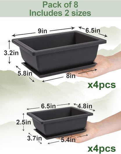 PAMASE 8 Packs Bonsai Training Pot with Humidity Tray - 6.5in & 9in Training Nursery Pots Kit, Plastic Plants Growing Planter with Drainage Tray, Indoor Succulents Decor Garden