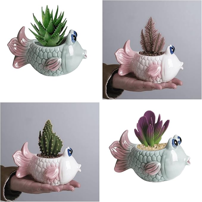 2 PCS Cute Succulent Planter Pot, Ceramic Cactus Flower Container, Small Unique Indoor Air Plants Holder (1White and 1Green)