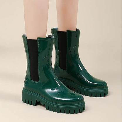 Women'S Waterproof Lug Sole Rain Boots Fashion Elastic Slip On Comfortable Platform Chunky Heel Chelsea Ankle Boots Casual Outdoor Non-Slip Rubber Garden Booties