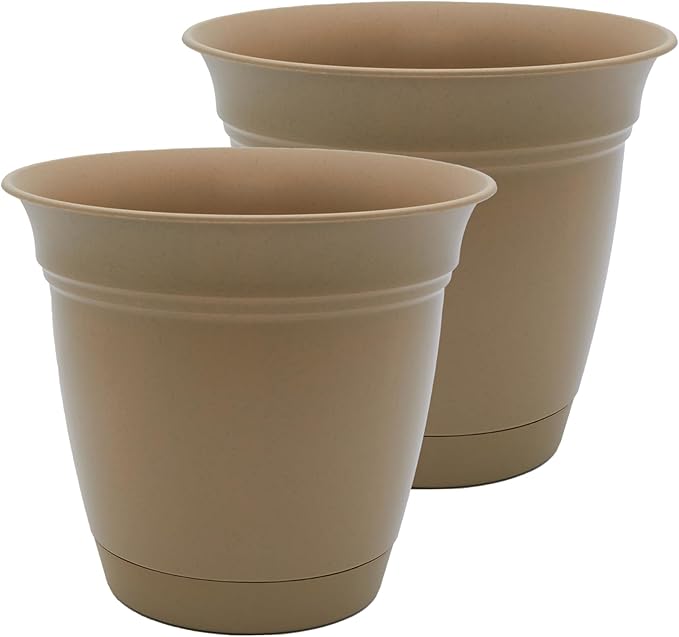 The HC Companies 16 Inch Eclipse Round Planter Pots with Drainage Holes & Attached Saucer, Lightweight UV-Resistant Plastic Indoor & Outdoor Planters, 2-Pack Flower Pots, Garden Home Decor, Sandstone