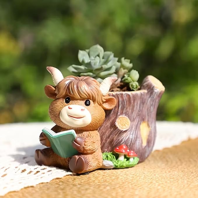 Highland Cow Succulent Planter with Drainage Hole & Plug, Mini Resin Cow Flower Pot for Indoor Outdoor Plants, Cute Animal Planter for Home & Garden Decor (A)