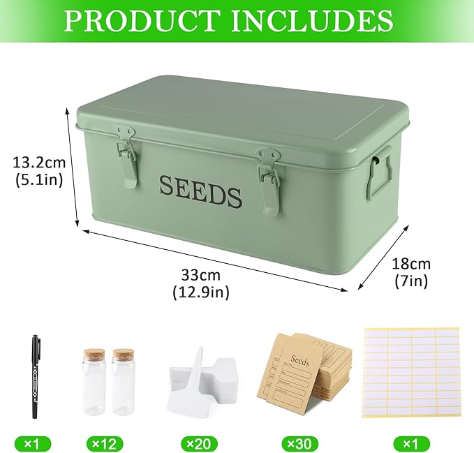Seed Storage Organizer, 4 Compartment Metal Seed Saving Box with Lid and Safety Locks,Seeds Packet Container with 1 Pen, 12 Slots, 20 Plant Labels, 30 Seeds Envelopes,Perfect for Flower Plants Garden
