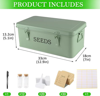 Seed Storage Organizer, 4 Compartment Metal Seed Saving Box with Lid and Safety Locks,Seeds Packet Container with 1 Pen, 12 Slots, 20 Plant Labels, 30 Seeds Envelopes,Perfect for Flower Plants Garden