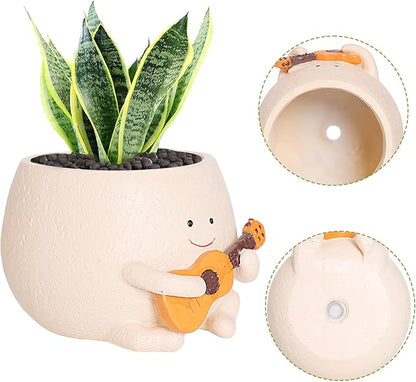 Planter Pot with Drainage Hole Cute Resin Head Planters for String of Pearls Plant Live Unique Guitar Succulent Pots for Indoor Outdoor Plants Gift IdeaI for Christmas (Small)