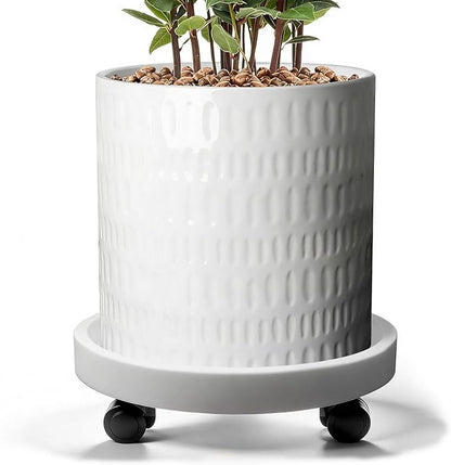 12 Inch Plant Pot with Caddy,Ceramic Planter with Drainage,Large Planters for Indoor Plants,Indoor&Outdoor Plant pots,Ceramic Flower pots,Cylinder Flower Planter Pot(Pure White)
