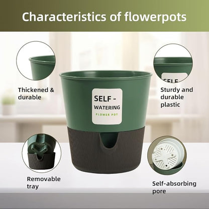 5/6.5/7.5 Inch Self Watering Pots for Indoor/Outdoor ,4 Pack plastic Planters for Indoor Plants with Drainage Holes and Saucers, Modern Decorative Flower Pot for Plants (Green, 7.5-Inch, 4-Pack)