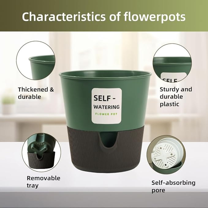 5/6.5/7.5 Inch Self Watering Pots for Indoor/Outdoor ,4 Pack plastic Planters for Indoor Plants with Drainage Holes and Saucers, Modern Decorative Flower Pot for Plants (Green, 6.5-Inch, 4-Pack)