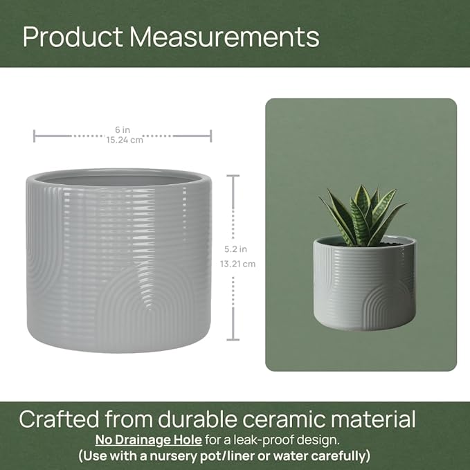 6 Inch Ceramic Plant Pot – Indoor & Outdoor Flower Planter for Succulents, Herbs & Small Plants – Thick-Walled Modern Design – Stone Gray